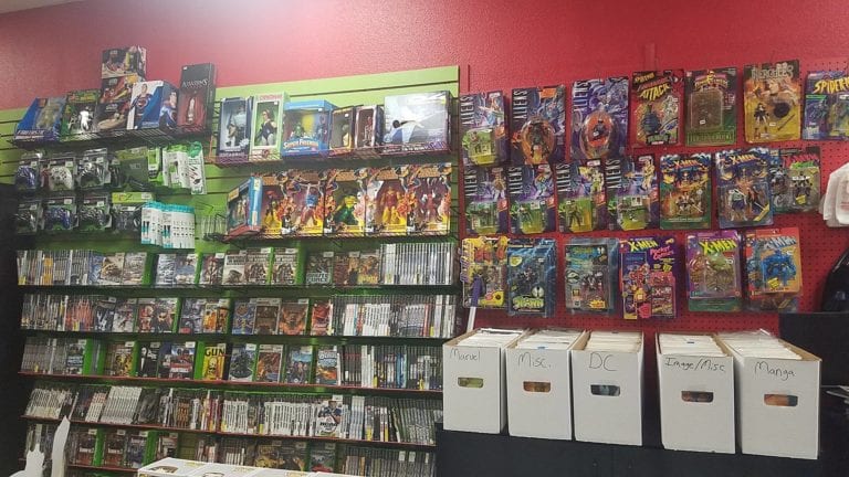 wall of video games and toys