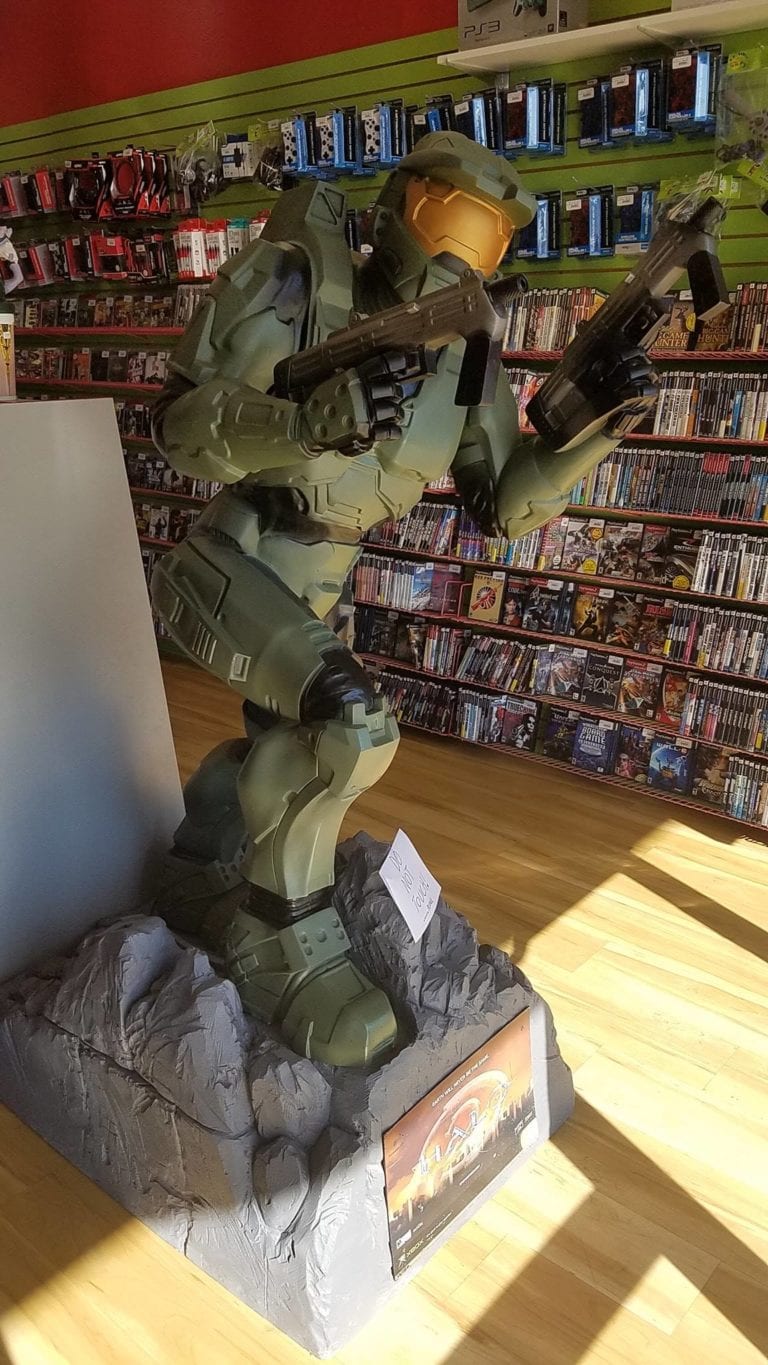 Master Chief statue in R.U. Gamestore