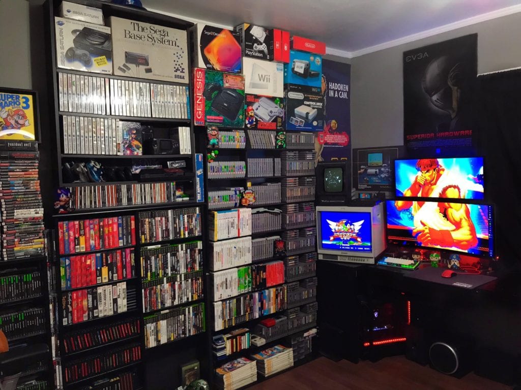 wall of retro video games